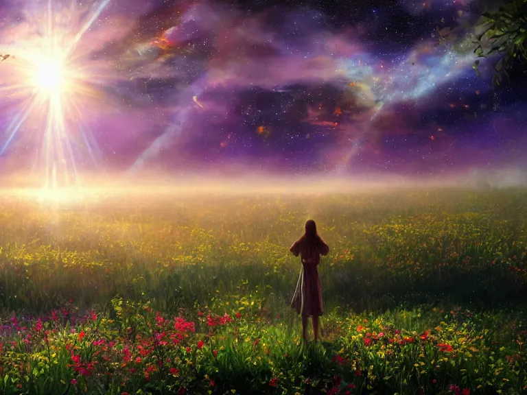 Prompt: a fine painting of a glorious place where the heavens open to the great cosmos, where flowers are launched into the unknown 8 k, ultra realistic, lens flare, atmosphere, glow, detailed, intricate, full of colour, cinematic lighting, trending on artstation, 4 k, hyperrealistic, focused, extreme details, unreal engine 5, cinematic, masterpiece