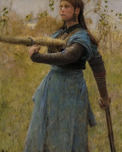 Prompt: a beautiful and strong female warrior by Boris Valejo and Laura Sava and Jules Bastien-Lepage