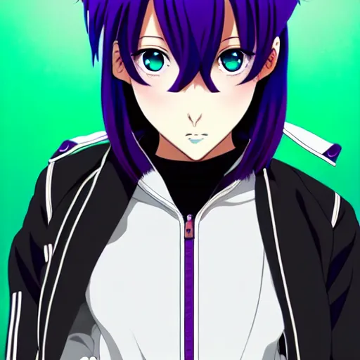 Image similar to anime poster film still portrait, young black woman, black black black woman, purple colored eyes, ( purple colored eyes!!!!!! ), white french bob hairstyle, green colored bomber jacket, detailed facial features, dynamic pose,, rimlight, cel shaded, 4 k