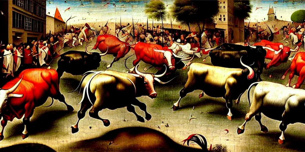 Image similar to the running of the bulls in pamplona, hundreds of people are fleeing from rampaging bulls in the city streets, art by hieronymus bosch, intricate, elegant, highly detailed, smooth, sharp focus, artstation