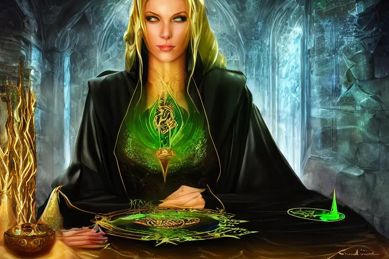 Prompt: a beautiful sorceress wearing a black robe with gold embroidery, sitting at table, casting a spell, green glows, painted by sharandula and artgerm, in the style of magic the gathering, highly detailed digital art