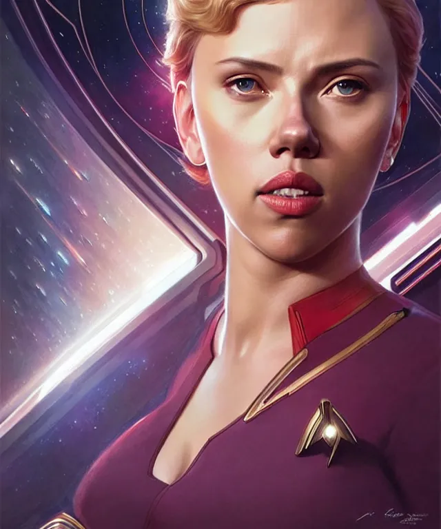 Prompt: Scarlett Johansson is the captain of the starship Enterprise in the new Star Trek movie, art nouveau,elegant, highly detailed, sharp focus, art by Artgerm and Greg Rutkowski