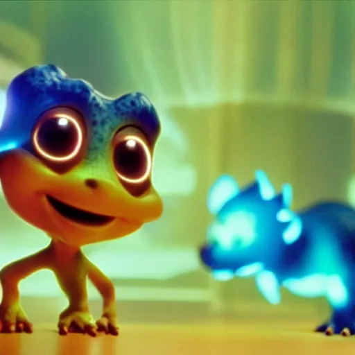 Image similar to cute smiling pixar and chibi style electric blue scaled glowing baby dinosaurs in tron movie, cinestill