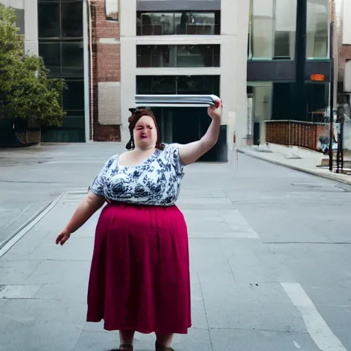 Prompt: plump woman wearing skirt and bandana taking a photograph with a studio camera on the sidewalk outdoors