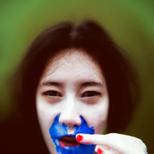 Prompt: photo of woman with white cream falling out of her mouth, cinestill, 800t, 35mm, full-HD