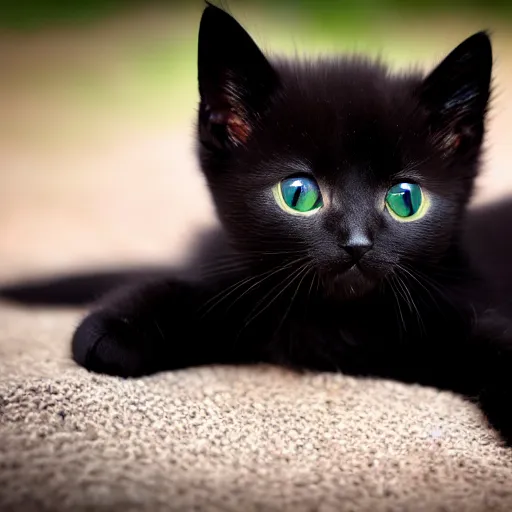 Image similar to black kitten with! beautiful green eyes! laying on it ‘ s back showing it ‘ s fluffy belly while looking at the camera, photorealistic, anatomically correct, sharp focus, 4 k, beautiful,