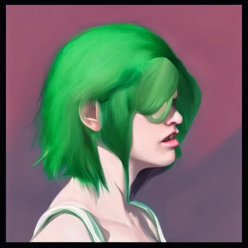 Prompt: Woman with green hair and white skin, walking to the super market ,light lighting, digital art, trending on artstation, oil on canvas