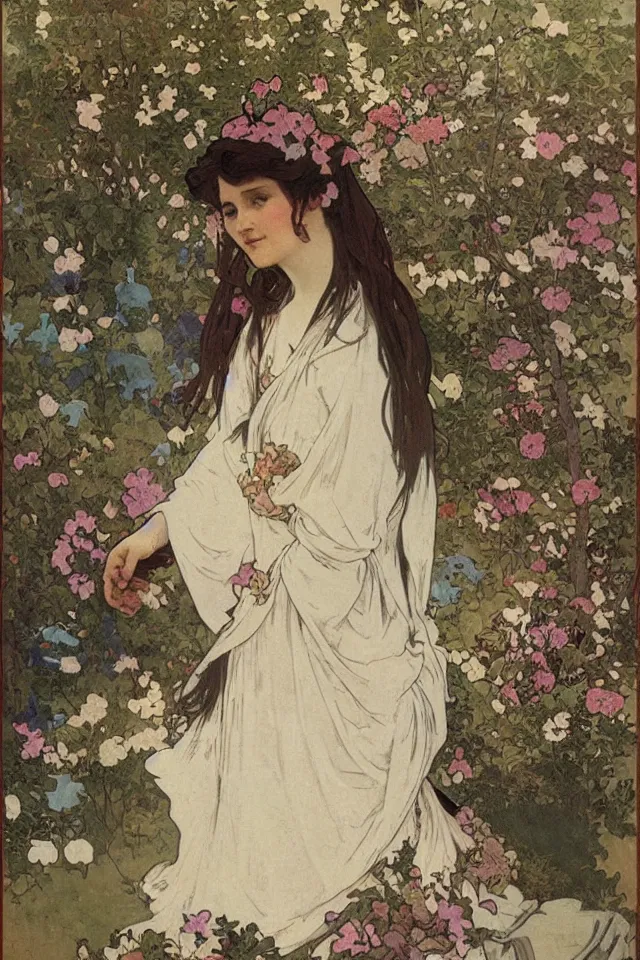 Prompt: atmospheric painting of a woman in a robe made of flowers, sitting next to a river by Alphonse Mucha