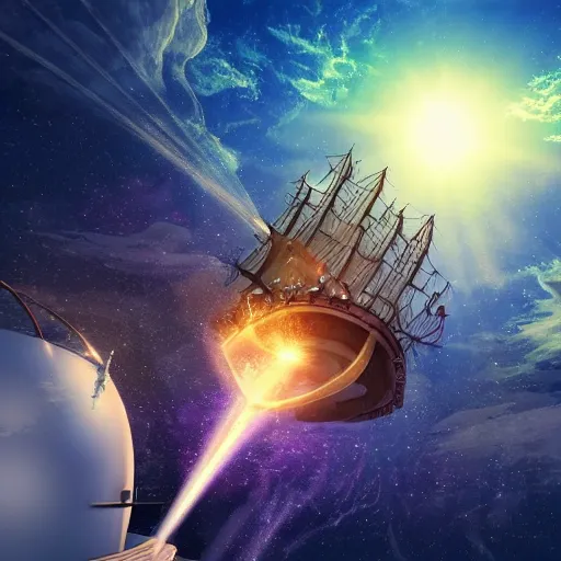 Prompt: fantasy world on top of a ship sailing in space