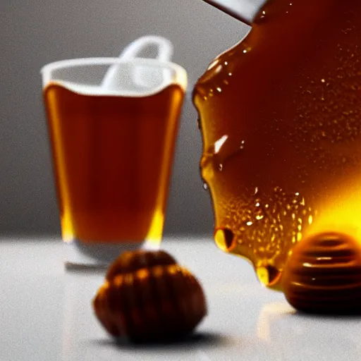 Prompt: octane render of honey pouring onto white table, realistic, render, 3 d, detail, minimalism,