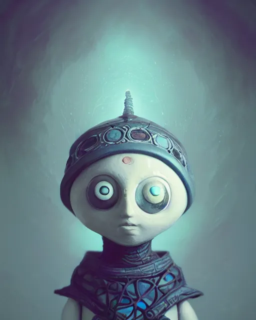 Prompt: portrait of funny giant cute eyes ceramic doll wizard, intricate abstract. intricate artwork, by tooth wu, wlop, beeple, dan mumford. concept art, octane render, trending on artstation, greg rutkowski very coherent symmetrical artwork. cinematic, key art, hyper realism, high detail, octane render, 8 k, iridescent accents