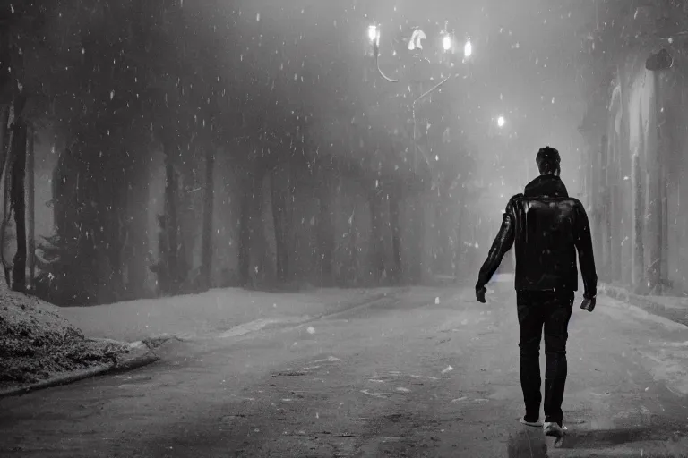 Image similar to movie shot of young man from back pacing lowering head dressed in short leather bomber jacket to empty narrow alley with street lamps in park with pines to the horizon, with hands in pockets, snowfall at night, mullet long haircut, black hairs, cinematic, dramatic, detailed, realistic, movie shot, low greenish lighting