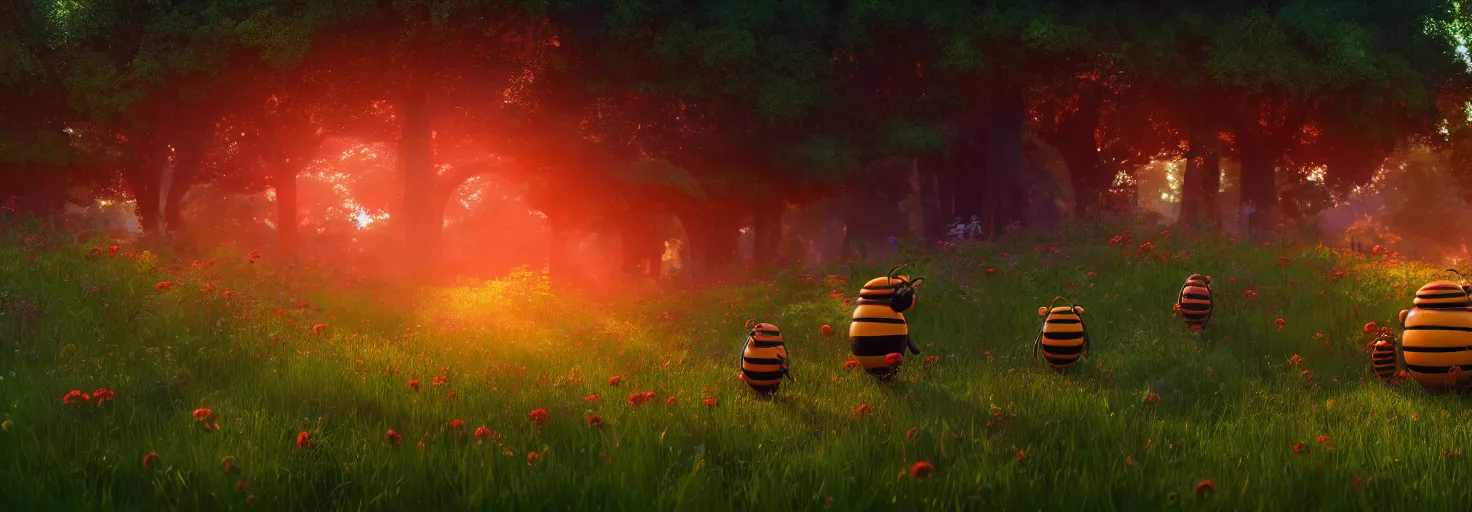 Prompt: stunning glowing dominant large highlighted crimson - black beehive, oversized cute bees in a beautiful forest meadow village landscape, flowers, happy trees, photorealistic, octane render, rtx, hdr, unreal engine, digital art widescreen 8 k, studio ghibli, pixar, disney, wlop