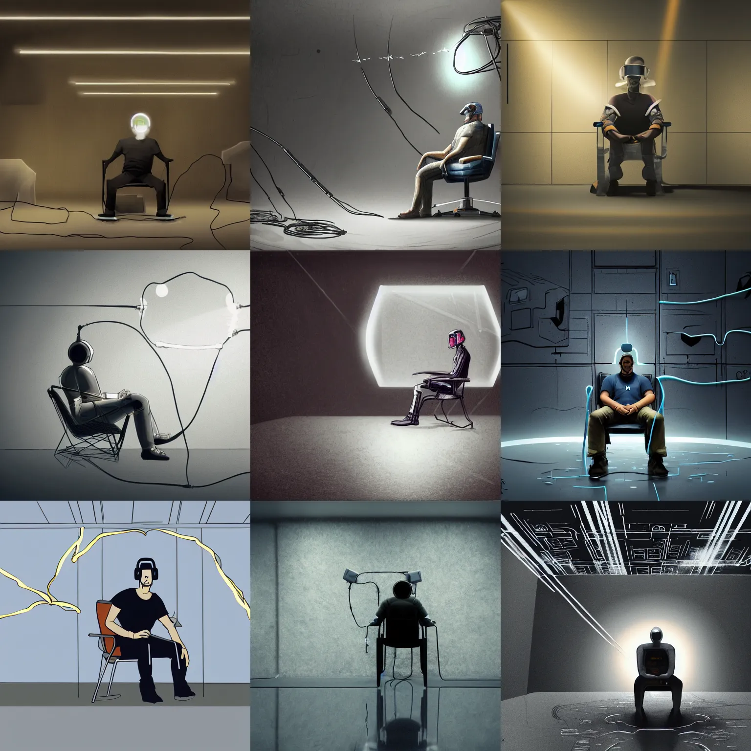 Prompt: sci - fi concept art. a man sits in a chair. he is wearing a helmet with wires connected to the ceiling. he is in a dark room. the floor is reflective concrete.