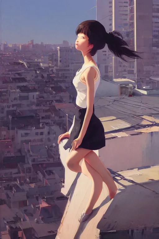 Image similar to A ultradetailed beautiful panting of a stylish girl painting on a canvas, she is standing on a rooftop, by Ilya Kuvshinov, Greg Rutkowski and Makoto Shinkai