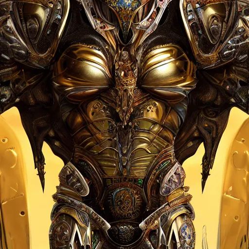 Image similar to a beautiful symmetrical muscular body wearing an armor made of golden ornaments and gems by alex gray and android jones , Karol Bak, Ayami Kojima, Amano , 3D, 8k resolution