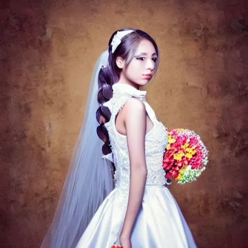 Image similar to a symmetric and beautiful face, professional full length high definition photo of a young woman with twin tails and wedding dress