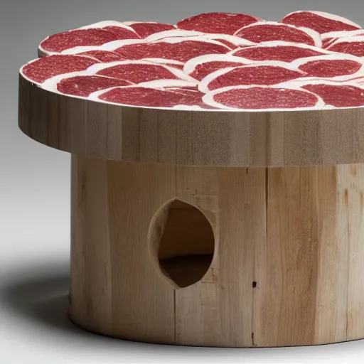 Prompt: a round bench made from salami, studio photography, white background, 5 0 mm