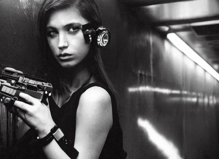 Image similar to close - up portrait of cyberpunk cyborg girl with a gun for an arm, in a futuristic subway, richard avedon, tri - x pan