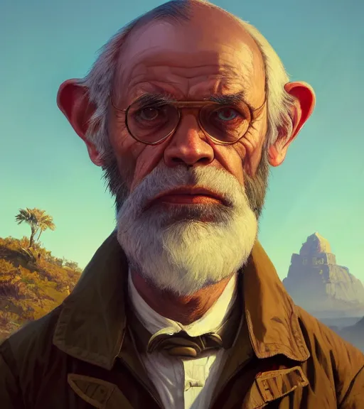 Image similar to Highly detailed portrait of darwin in GTA V, Stephen Bliss, unreal engine, fantasy art by Greg Rutkowski, Loish, Rhads, ferdinand knab, Makoto Shinkai and Lois van baarle, ilya kuvshinov, rossdraws, Tom Bagshaw, global illumination, radiant light, detailed and intricate environment