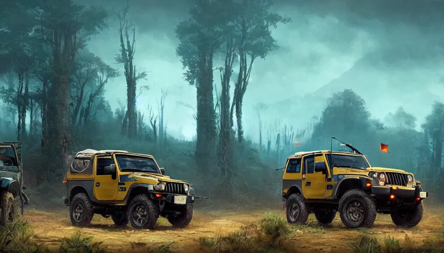 Image similar to Mahindra thar, tribe members watching nearby, an epic fantasy, dramatic lighting, cinematic, establishing shot, extremely high detail, photorealistic, cinematic lighting, artstation, by simon stalenhag, horizon forbidden west