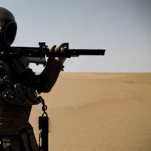 Image similar to a heavily armored man wearing a gasmask, in the desert, film still, panavision panaflex