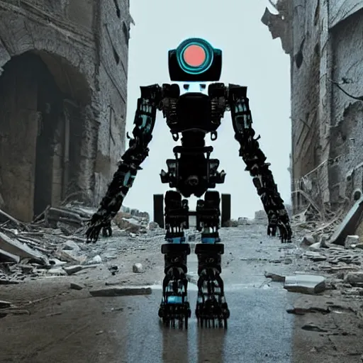 Prompt: A robot walking through a ruined city, thousands of years in the future, futuristic, dystopian, ominous, beautiful, astral, mystical, intricate, detailed
