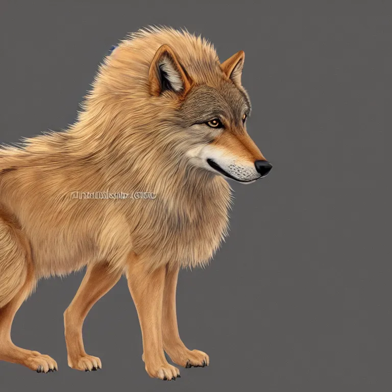 Image similar to professional full - body digital art of the entire side view of a slightly fluffy light tan tibetan wolf with light brown accents, hd, highly detailed, high quality, wild, nature