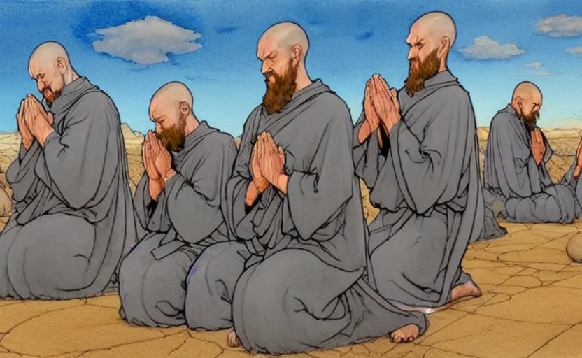 Image similar to a hyperrealist watercolour concept art of a group of medieval monks in grey robes kneeling in prayer. five large stones are floating in the sky. on a desert road. by rebecca guay, michael kaluta, charles vess and jean moebius giraud. high detail, hq, wide shot