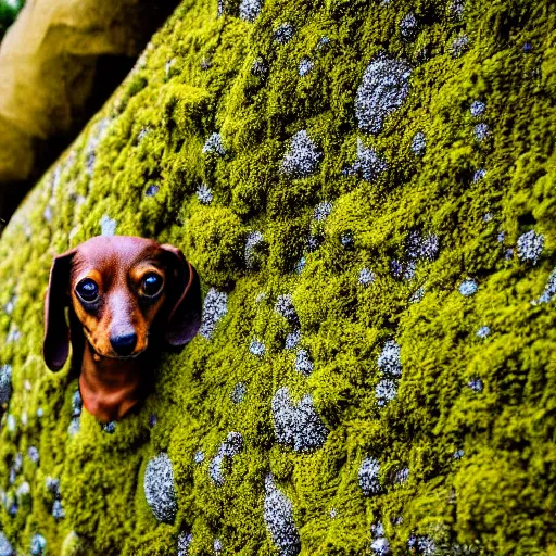 Image similar to rock wall covered with moss. dew droplets forming the shape of a dachshund. macro photography