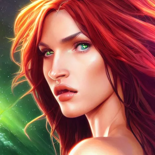 Prompt: ultra realistic illustration, bella thorne as megan fox as starfire anime with glowing green eyes, intricate, elegant, highly detailed, digital painting, artstation, concept art, smooth, sharp focus, illustration, art by artgerm and greg rutkowski and alphonse mucha