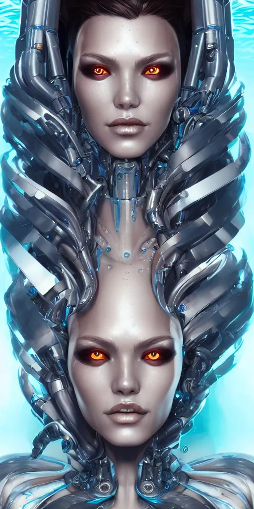 Image similar to portrait of a cyborg siren underwater with biomechanichal parts by Artgerm, highly detailed, trending on artstation