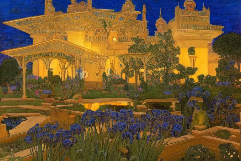 Image similar to beautiful garden at twilight by Annie Swynnerton and Nicholas Roerich and jean delville, glowing paper lanterns, strong dramatic cinematic lighting , ornate tiled architecture, lost civilizations, smooth, sharp focus, extremely detailed