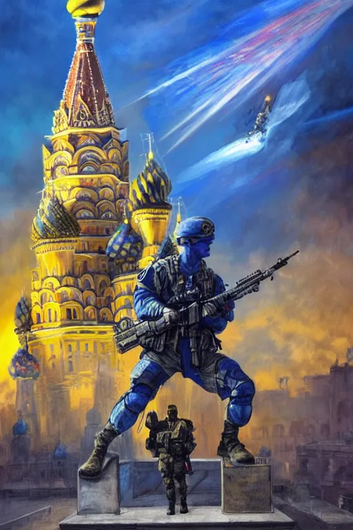 Image similar to special forces soldier installin ukrainian blue and yellow flag on red square kremlin, masculine figure, d & d, fantasy, bright atmosphere, volumetric lights, intricate, elegant, extremely detailed, digital painting, artstation, concept art, matte, smooth, sharp focus, hyper realistic, illustration, art by artgerm and greg rutkowski and alphonse mucha