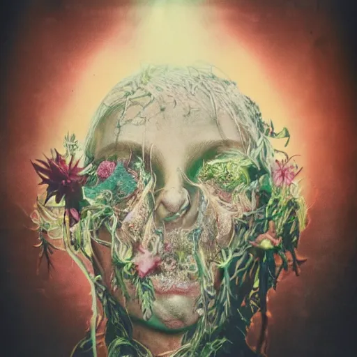 Image similar to a beautiful detailed front view portrait of a rotten woman corpse with fractal plants and fractal flowers growing around, volumetric light, beautiful lit, polaroid photography