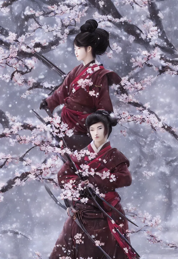 Prompt: detailed matte painting of girl samurai in hakama with swords and rifles, in snow forest sakura cherry blossom, taisho roman, by wlop and krenz kushart, elite, elegant, luxury, perfect face, fine details