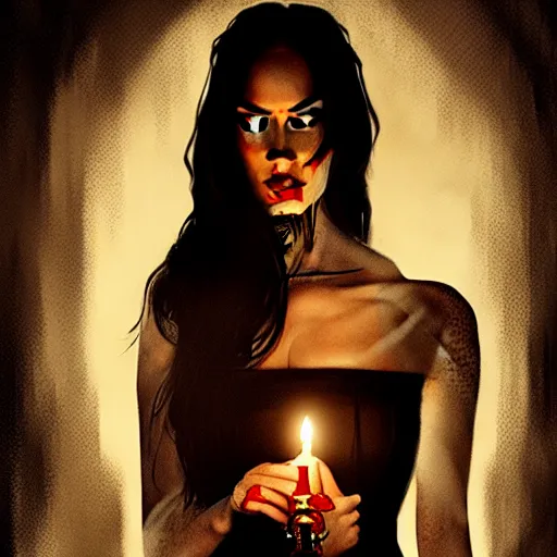 Prompt: megan fox witch queen, black eyes, blood, full body, intricate victorian dress, cinematic lighting, symmetrical eyes, rafael albuquerque, charlie bowater, moody lighting, candles