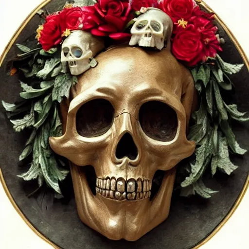 Prompt: a man in the form of a Greek sculpture with a mask in the form of a skull and wreath of flowers skulls in hands dressed in a biomechanical dress, ornate golden background, red white and gold color scheme, baroque, by Michelangelo