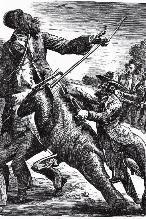 Prompt: 19th century wood-engraving of a British man point a musket at the back standing with his back turned to the viewer, mammoth running away in the background, whole page illustration from Jules Verne book, art by Édouard Riou Jules Férat and Henri de Montaut, high quality, beautiful, removed watermarks