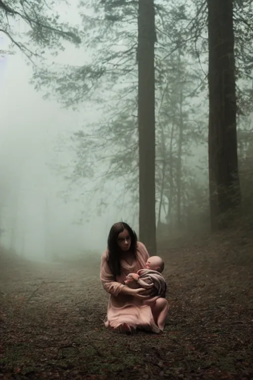 Image similar to a cinematic photo of a young woman with dark hair holds a baby in a dark, foggy forest, closeup, masterpiece