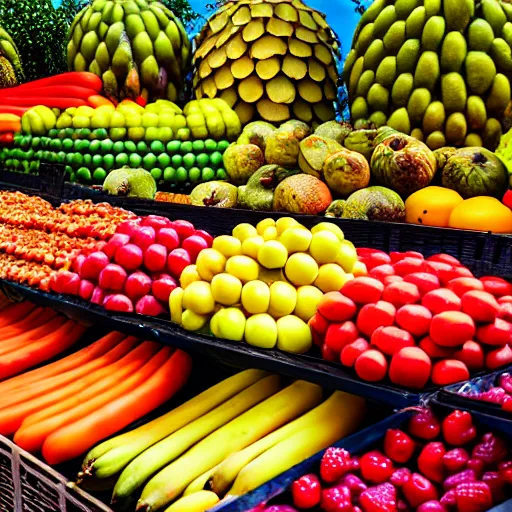 Prompt: uhd photorealistic produce stand selling half eaten fruit, uhd hyperdetailed photography