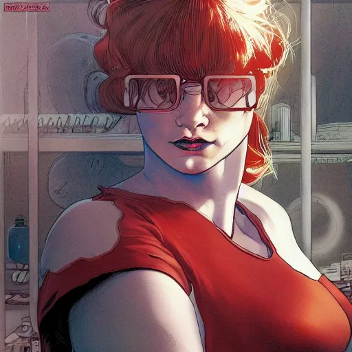 Image similar to a beautiful comic book illustration of a red-headed woman with white shirt in a laboratory by Jerome Opeña, featured on artstation