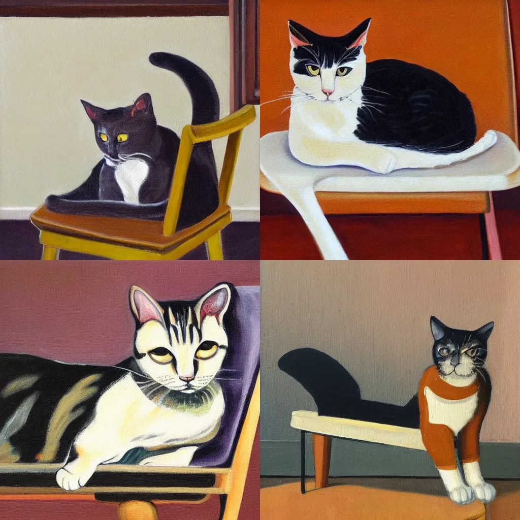 Prompt: a painting of a cat loafing on a midcentury modern chair. By Loius Wain.