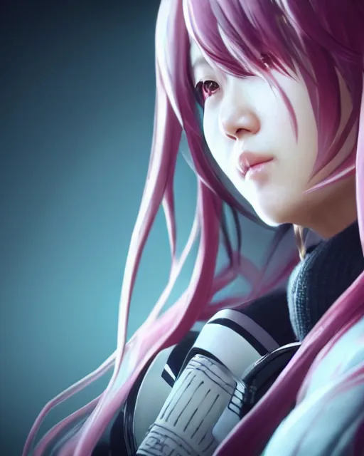 Prompt: beautiful portrait of a woman with pastel long hair with her eyes closed with headphones on in the style of a code vein character, tzuyu from twice in code vein in the style of WLOP, artgerm, yasutomo oka, rendered in unreal engine and redshift octane , dynamic dramatic lighting, soft lighting, imagine fx, artstation, cgsociety, by Bandai Namco artist, background is surrounded by epic neon glitch effect digital art