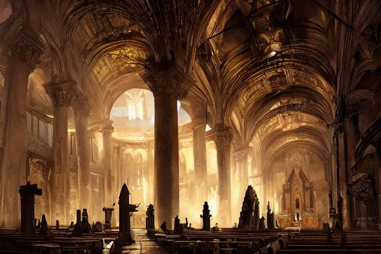 Image similar to concept art of ancient cathedral of forgotten cat people, national geographic, high fantasy, strong perspective, sacred perfect lighting,