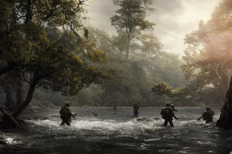 Prompt: a cinematic headshot portrait, of a squad of special soldiers emerging from the water, in a vast serene landscape, with trees and rivers, detailed, deep focus, movie still, dramatic lighting, by michal karcz and yoshitaka amano