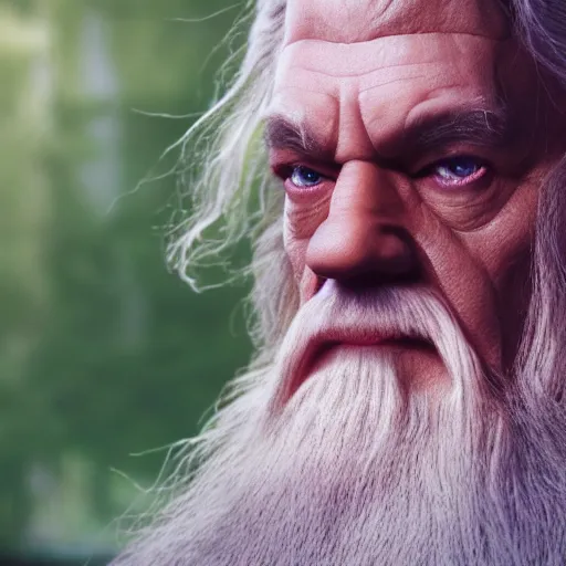 Prompt: film still of gandalf starring as the hulk, videogame still, portrait, 4 0 mm lens, shallow depth of field, close up, split lighting, cinematic