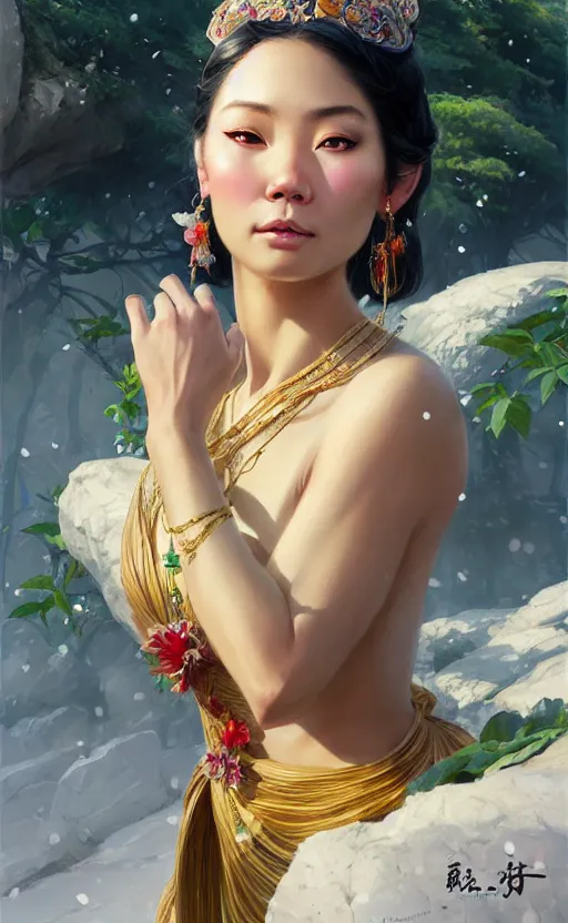 Image similar to a beautiful taiwan goddess with sundress with jewelry | | winter, realistic shaded, unpleasant face, good looking, fine details, realistic shaded lighting poster by greg rutkowski, magali villeneuve, artgerm, jeremy lipkin and michael garmash and macoto takahashi