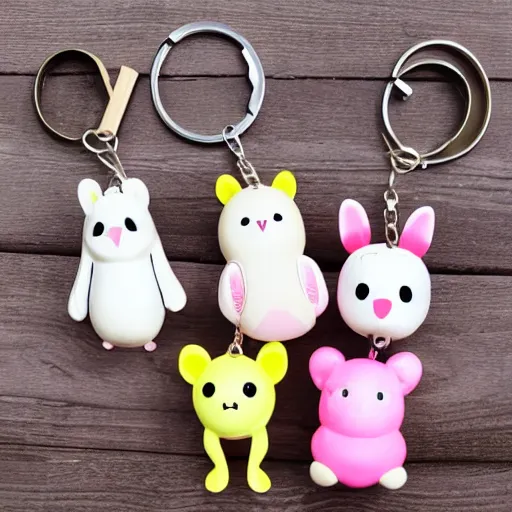 Image similar to some cute plastic toys that look like animal characters hanging from a backpack on a keychain, white, cream, and light pink