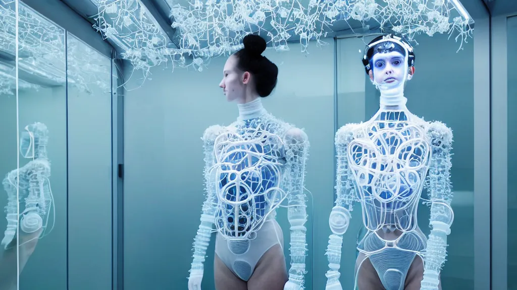 Image similar to symmetrical portrait of a woman wearing a blue embroidered translucent silicone mask and white frizzy hair buns, wearing a black bodysuit by alexander mcqueen, standing in a sterile room full of translucent silicone white flowers and plants, white background, soft diffused light, biotechnology, humanoide robot, futuristic aesthetic, translucent, ethereal, intricate details, highly detailed, masterpiece,